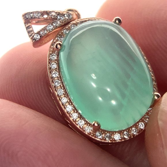 Cats Eye Green Calcite 8.75ct Rose Gold Finish Solid 925 Sterling Silver Pendant